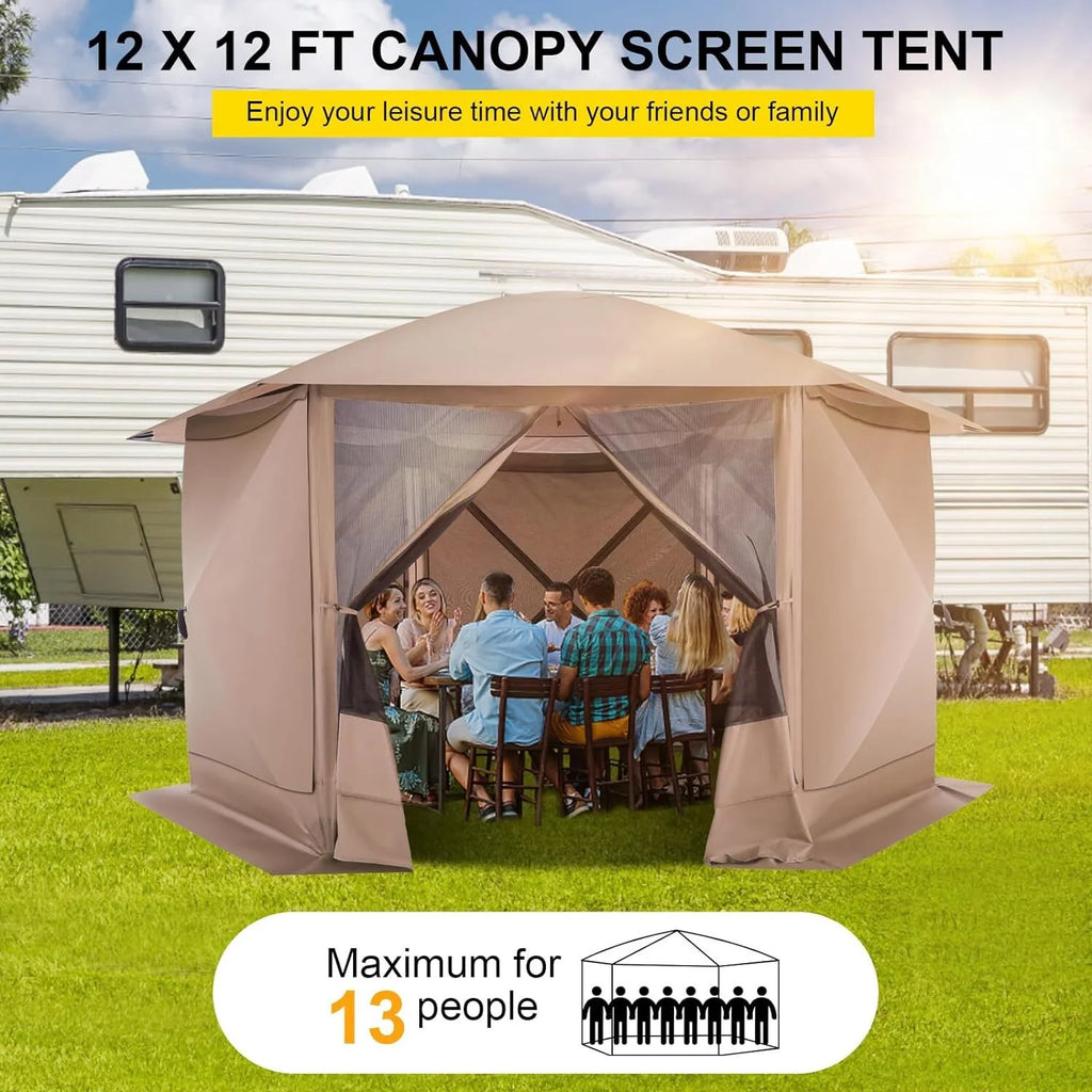 COBIZI 12'x12' Pop-up Gazebo Outdoor Camping Tent with 6 Sides Mosquito Netting, Waterproof, UV Resistant, Portable Screen House Room, Easy Set-up Party Tent with Carry bag, Ground Spike, Brown