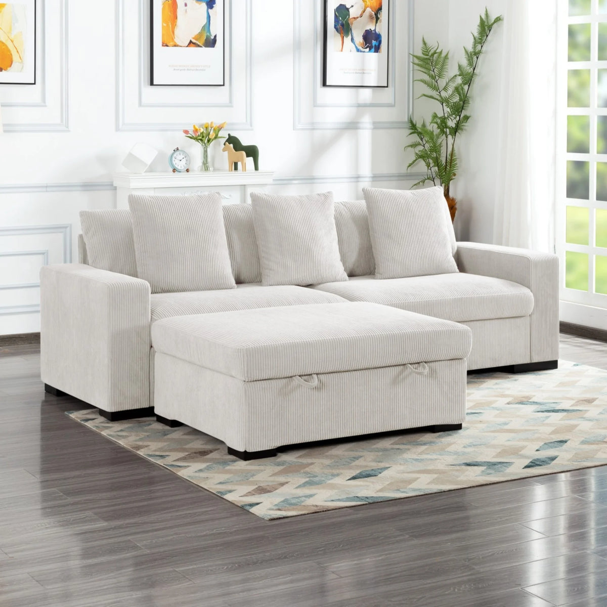 Gewnee 103.5-Inch Modular Corduroy Sofa Set with Solid Wood Legs, High-Density Foam, Suitable for Living Room/Bedroom/Office