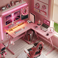 Bestier Pink Computer Desk with LED Light L-Shaped Desk Gaming Computer Desk with Monitor Stand