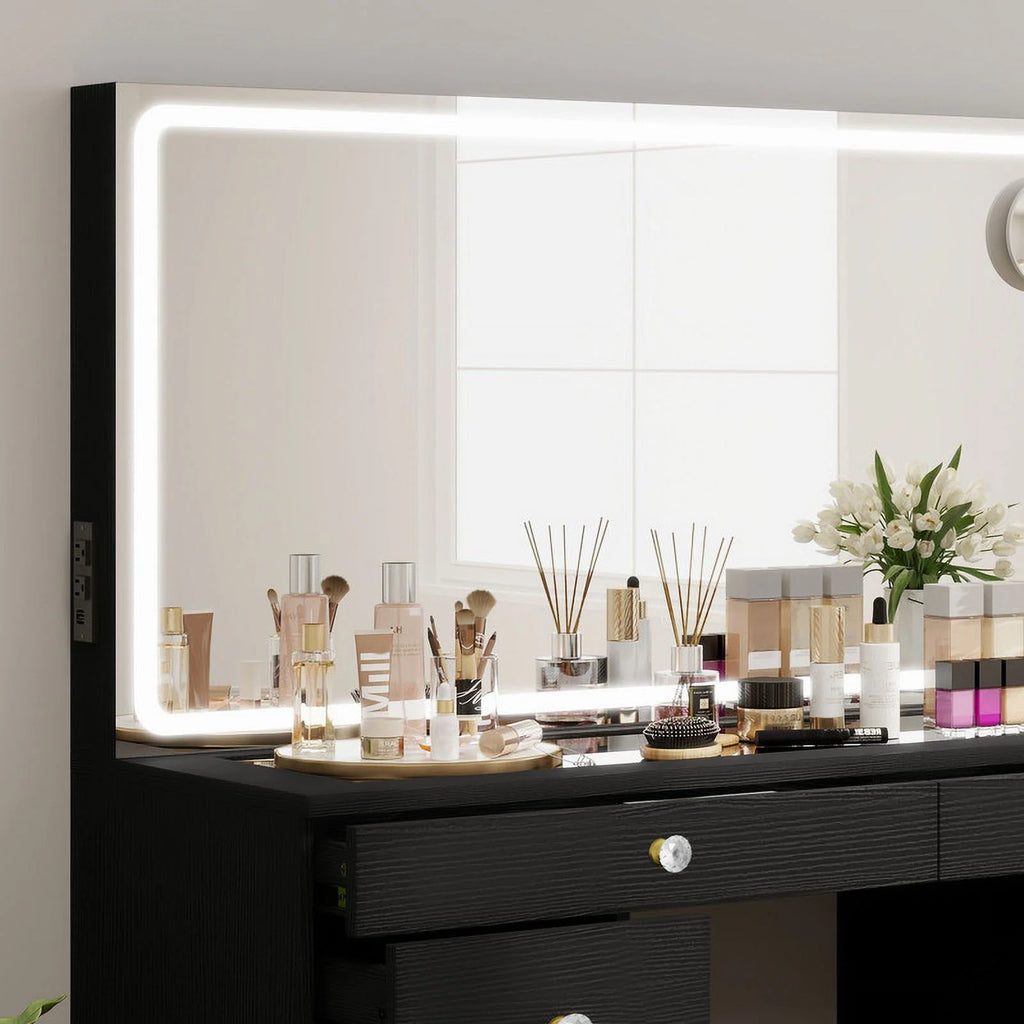 Uforic 55" Vanity Desk with Lighted Mirror & Power Outlet & 8 Drawers, Modern Makeup Vanity Table Set with Storage Stool, White