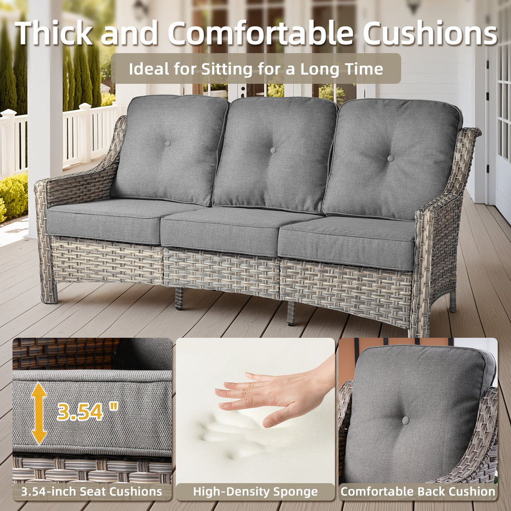 Ovios Outdoor Patio Sofa 3-Seater with Cushions All-Weather Wicker Rattan Couch for Garden, Porch, or Backyard