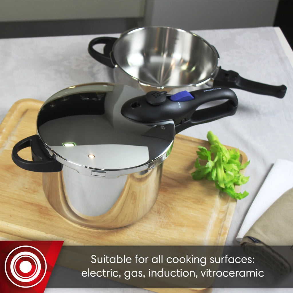 MAGEFESA Favorit Six Stainless Steel  Pressure Cooker Set, 3.2 Qt & 6.3 Qt, Induction Compatible �C Special Edition (Steam Basket, Lid & Recipe Book)