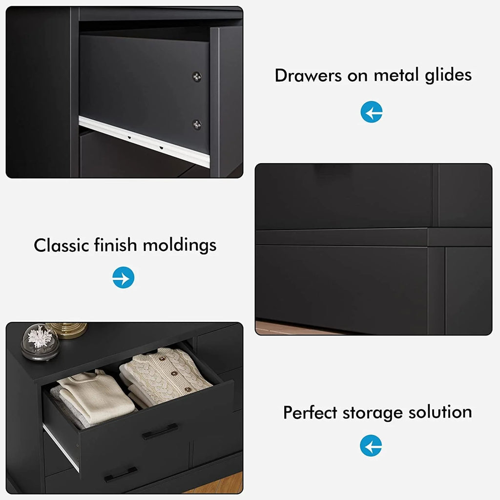 Black Double Dresser with 6 Drawers for Bedroom, Wood Large Chest of Drawers Storage Tower Clothes Organizer