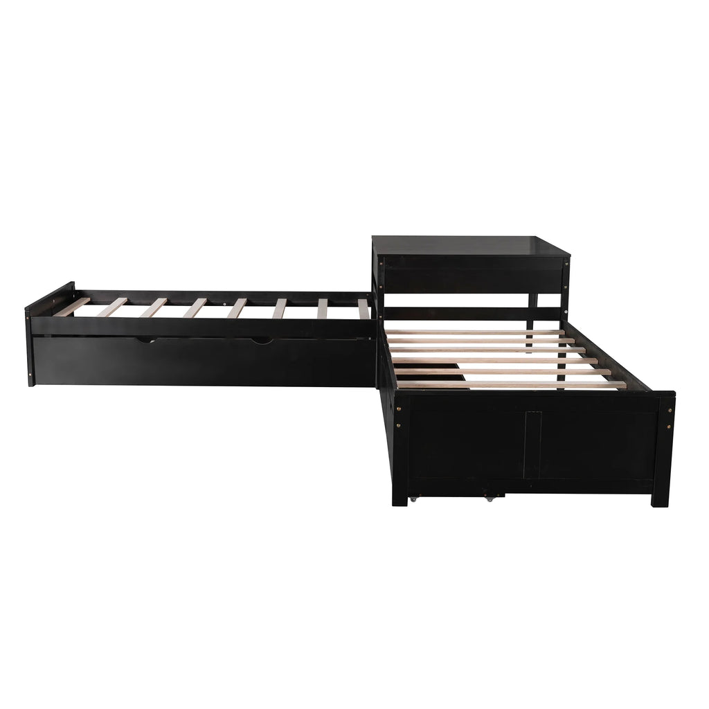Euroco Wood Twin Size L-Shaped Platform Bed with Square Storage Table for Kids Teens, 2 Platform Beds with Trundle and Drawers for Living Room, 3 Twin Beds, Gray