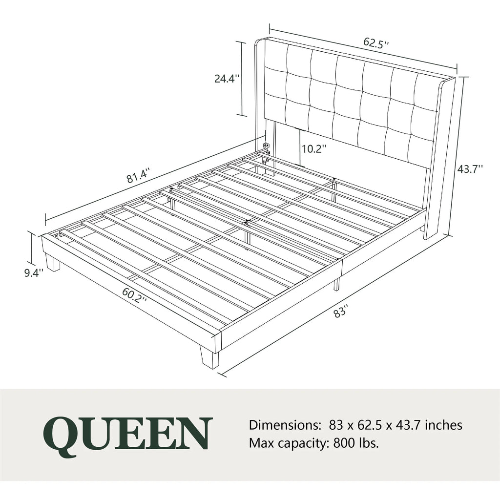 Amolife Queen Size Platform Bed with Wingback Headboard, Square Stitched Style, Dark Grey