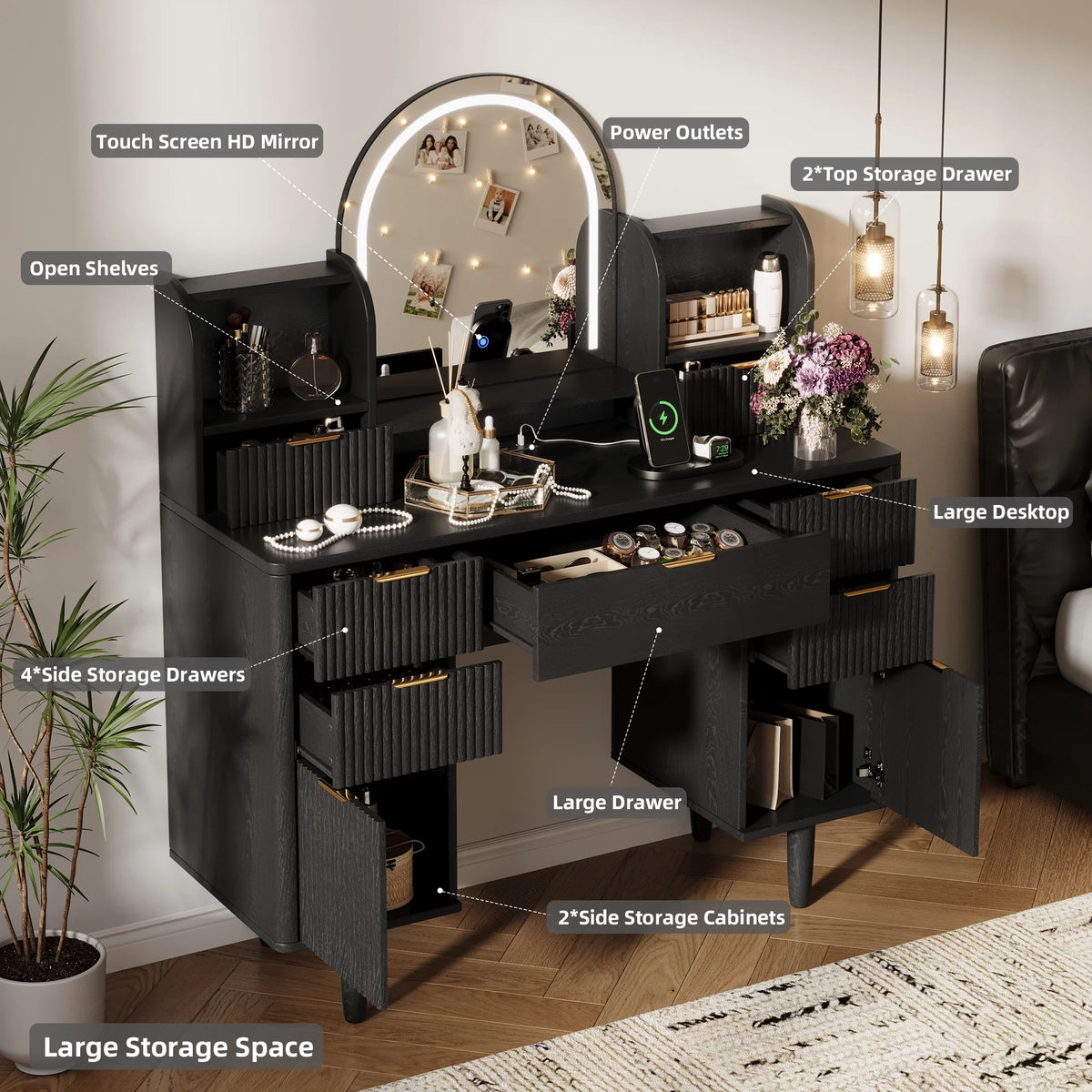 UGTOO 45.2" Modern Vanity Desk with LED Mirror & USB Charging, Wood Makeup Dressing Table with 7 Drawers for Bedroom