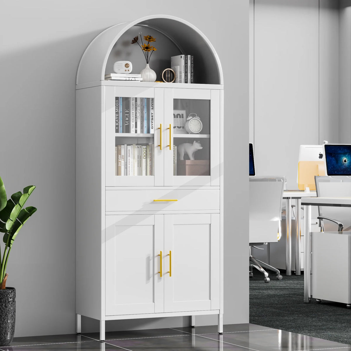 SUPEER Metal Arched Storage Display Cabinet with Glass Doors and Adjustable Shelves, Lockable Cabinet, Assembly Required, Black