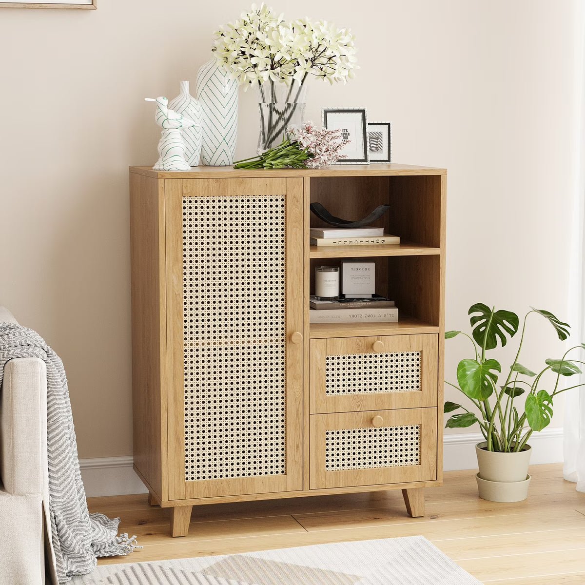 STARY Sideboard Buffet Cabinet, Accent Cabinet with Drawers and Adjustable Shelf for Kitchen, Living Room, Entryway, Nature