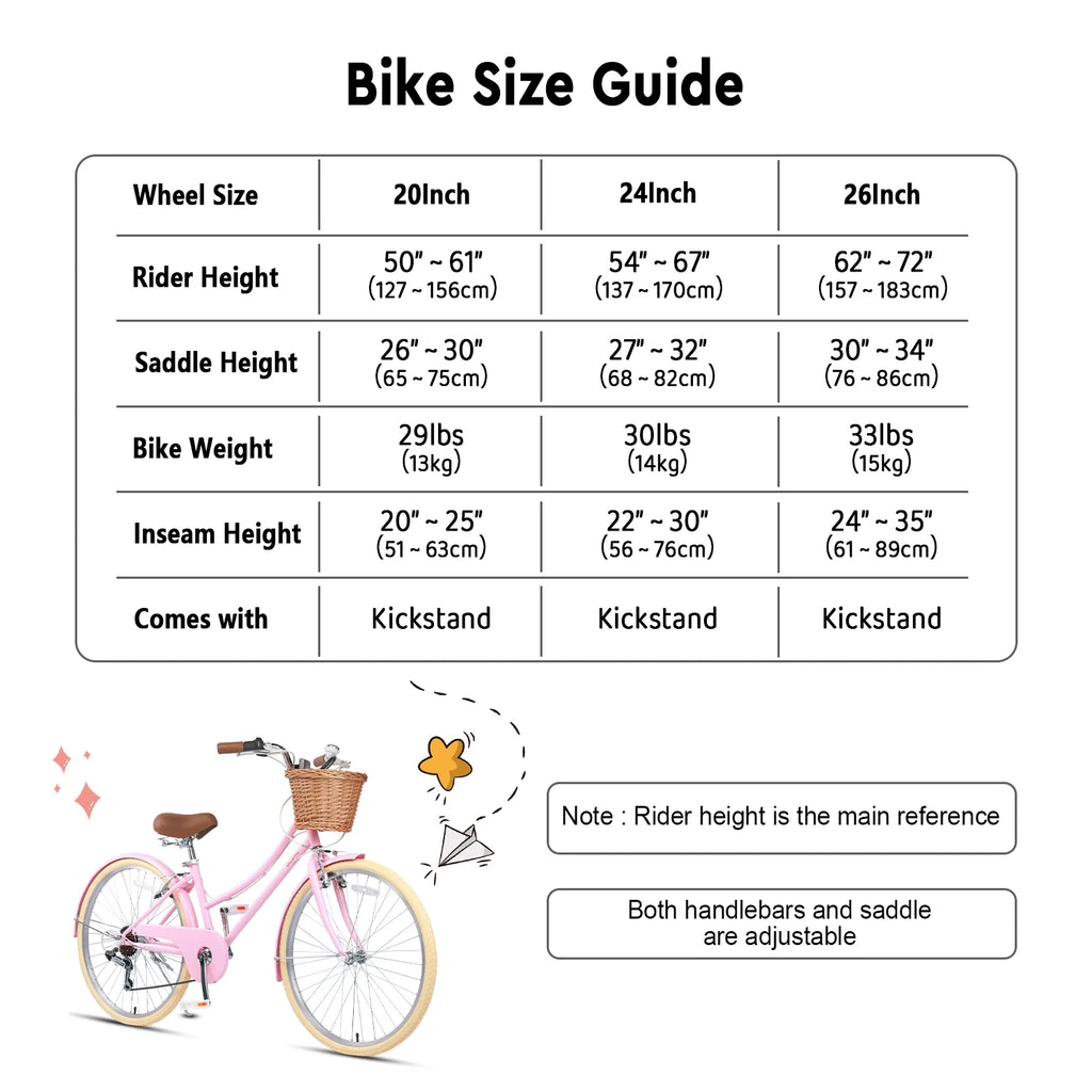 Glerc Missy 24" Girls Cruiser Bike 6-Speed Women's Hybird Bicycle for Ages 7-11 Years, Mint Green