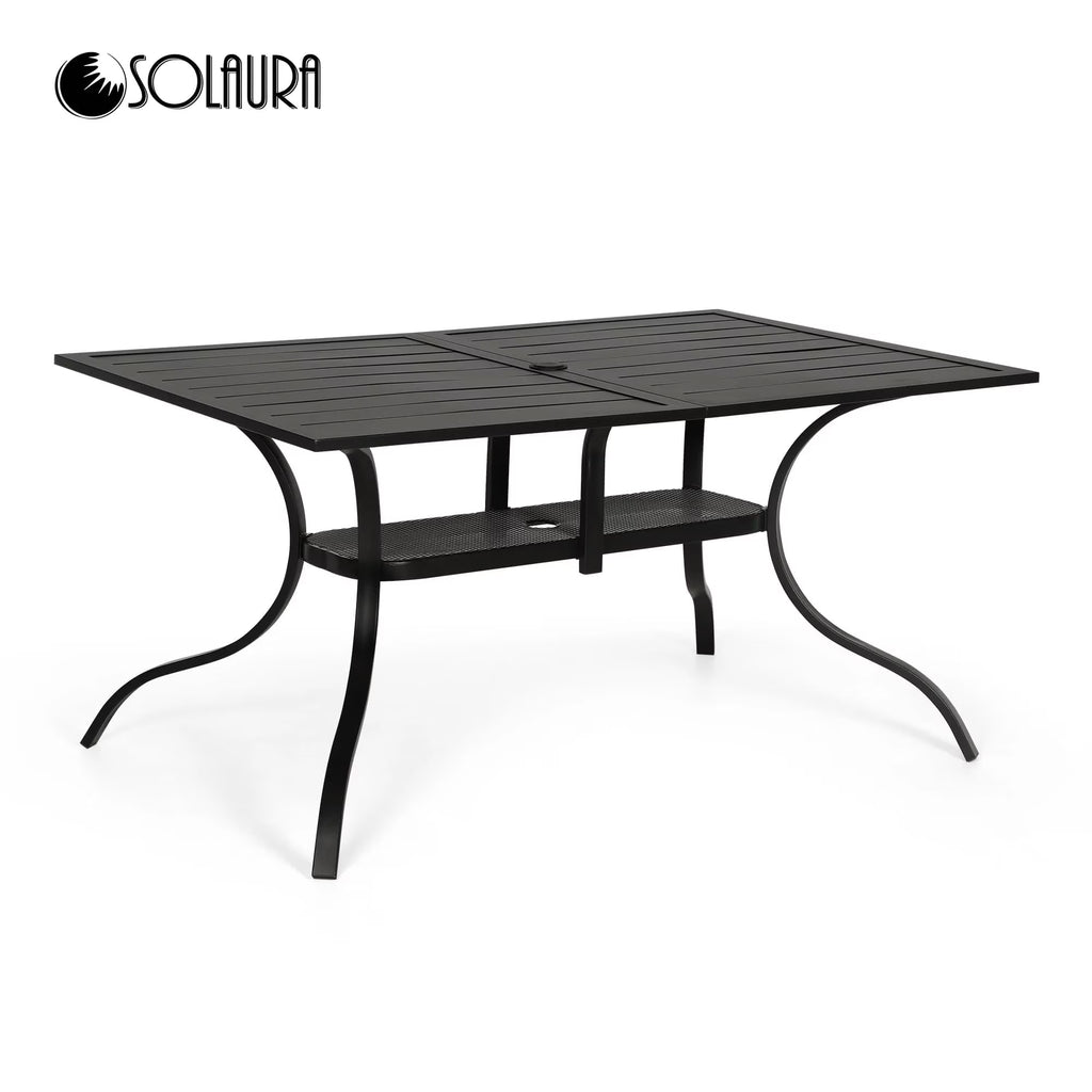 SOLAURA Outdoor Patio Dining Rectangle Metal Table for 6-Person with Umbrella Hole, Black