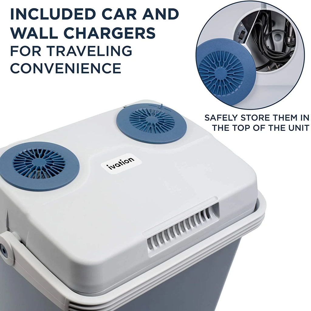 Ivation Electric Cooler & Warmer with Handle |27 Quart (25 L) Portable Thermoelectric Fridge For vehicles & Trucks| 110V AC Home Power Cord & 12V Car Adapter for Camping, Travel & Picnics
