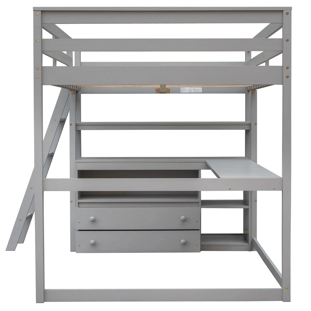 Euroco Full Size Wood Loft Bed with Desk, Shelves and Cabinets for Kids Room, Incline Ladder and 3 Drawers, Gray