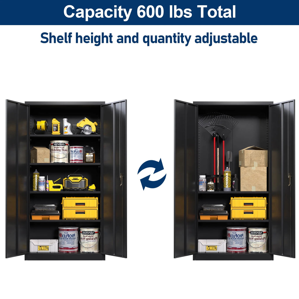 Aobabo 71.41''H Metal Garage Storage Cabinet with Lockable Doors and Hanging Rod,Broom Closet Storage Cabinet with Pegboard and Adjustable Shelves for Home Office School,Required Assembly,Black