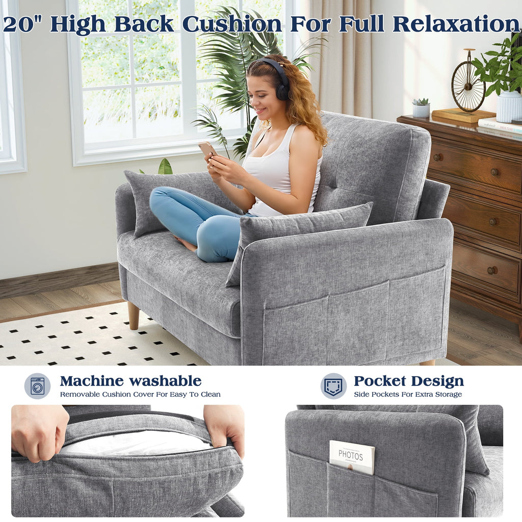 BedLuxury 47'' Wide LoveSeat, 2-seat Chenille sofa with 2 Pillows for Living Room and Small Spaces, Dark Grey