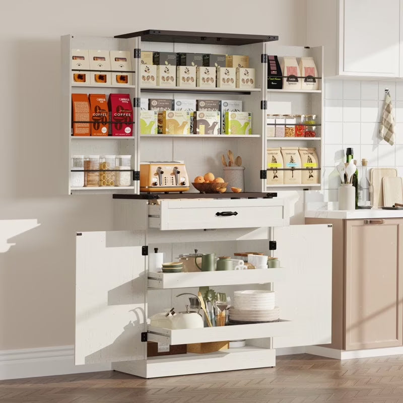 71" Tall Farmhouse Kitchen Pantry with 12 Side Shelves & Adjustable Shelves, 5 Layers Pantry Storage Cabinet w/Load-Bearing Steel Pipe & 4 Barn Doors for Kitchen, Dining Room, Living Room, Brown