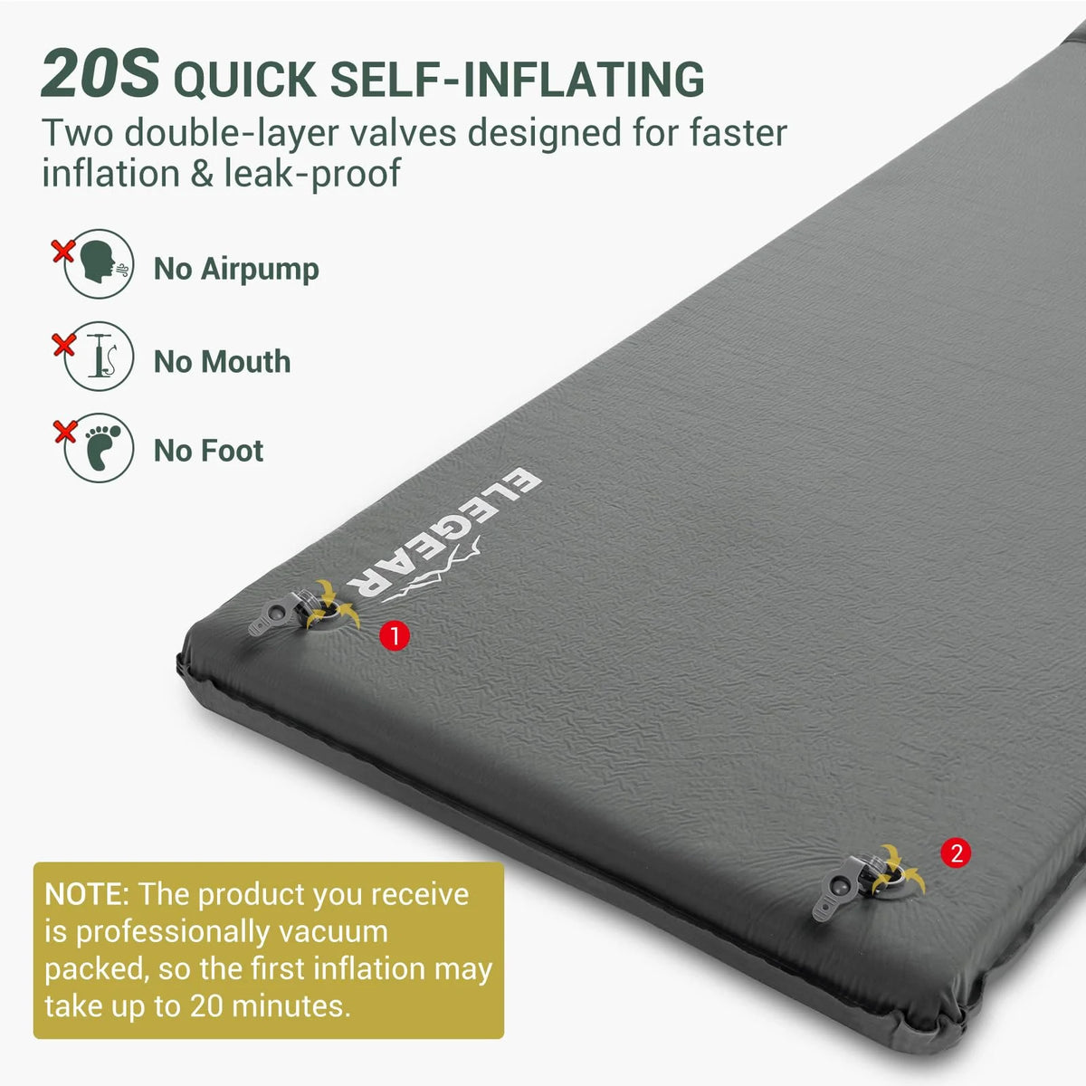 Elegear Self Inflating Sleeping Pad, 3.1" Ultra-Thick Memory Foam Camping Pad with Pillow Fast Inflating in 20s Insulated Camping Mattress Pad 4-Season Camp Sleeping Mat for Camping/Car/Tent