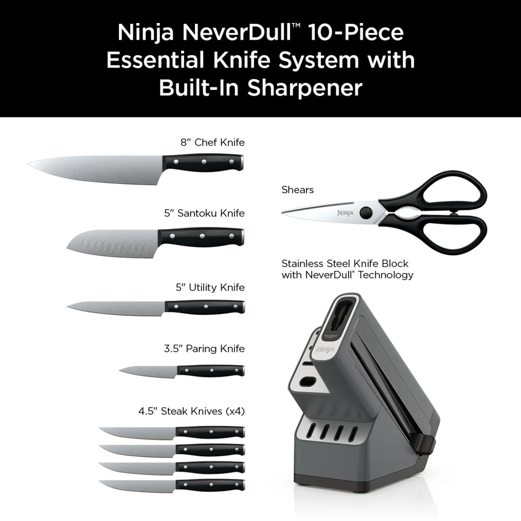 Ninja Foodi NeverDull 10-Piece Stainless Steel Essential Knife System with Sharpener, K12010 Black/Gray