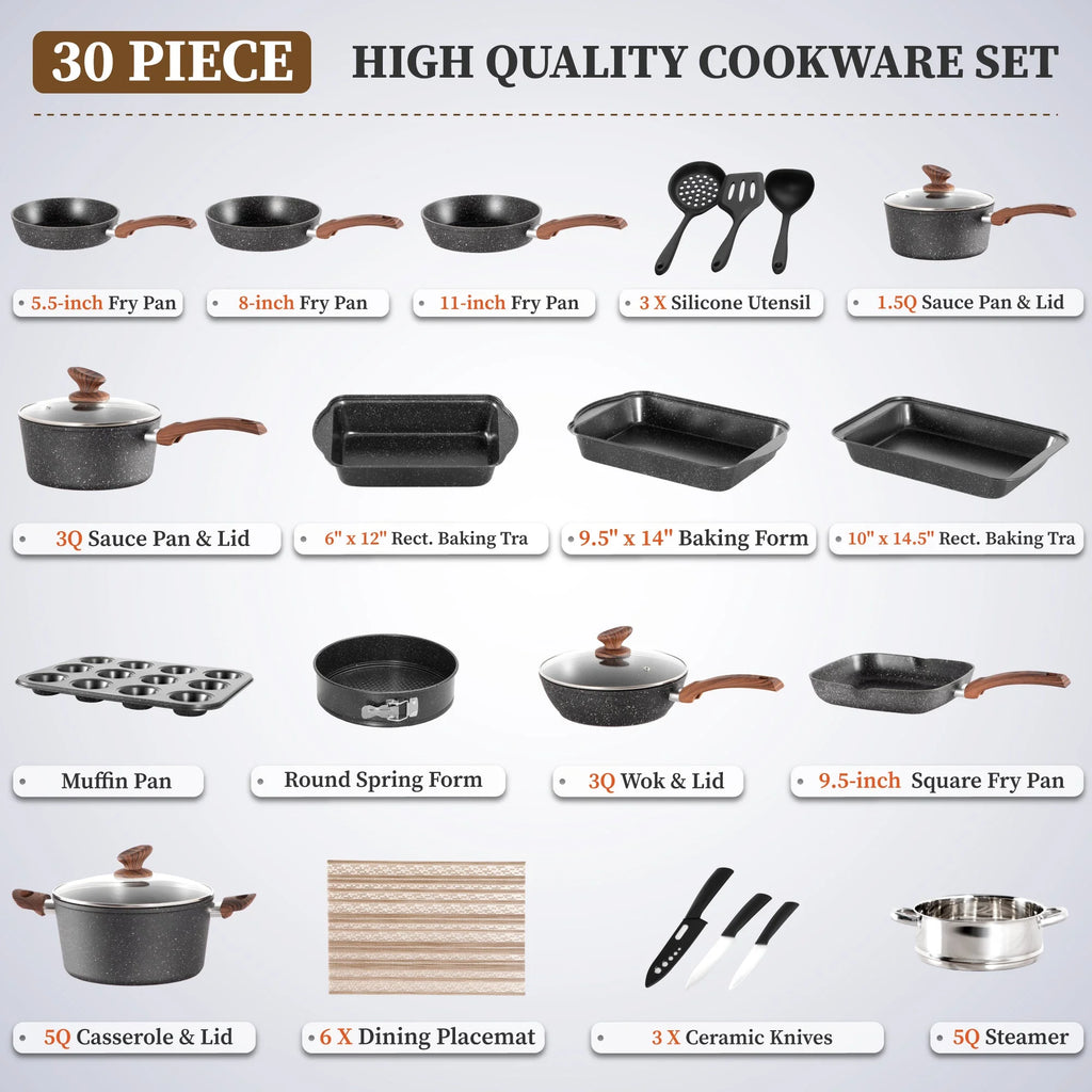 Sophia & William 30 Pieces Cookware & Bakeware Set Safe Granite Non-stick Aluminum Pots and Pans, Black