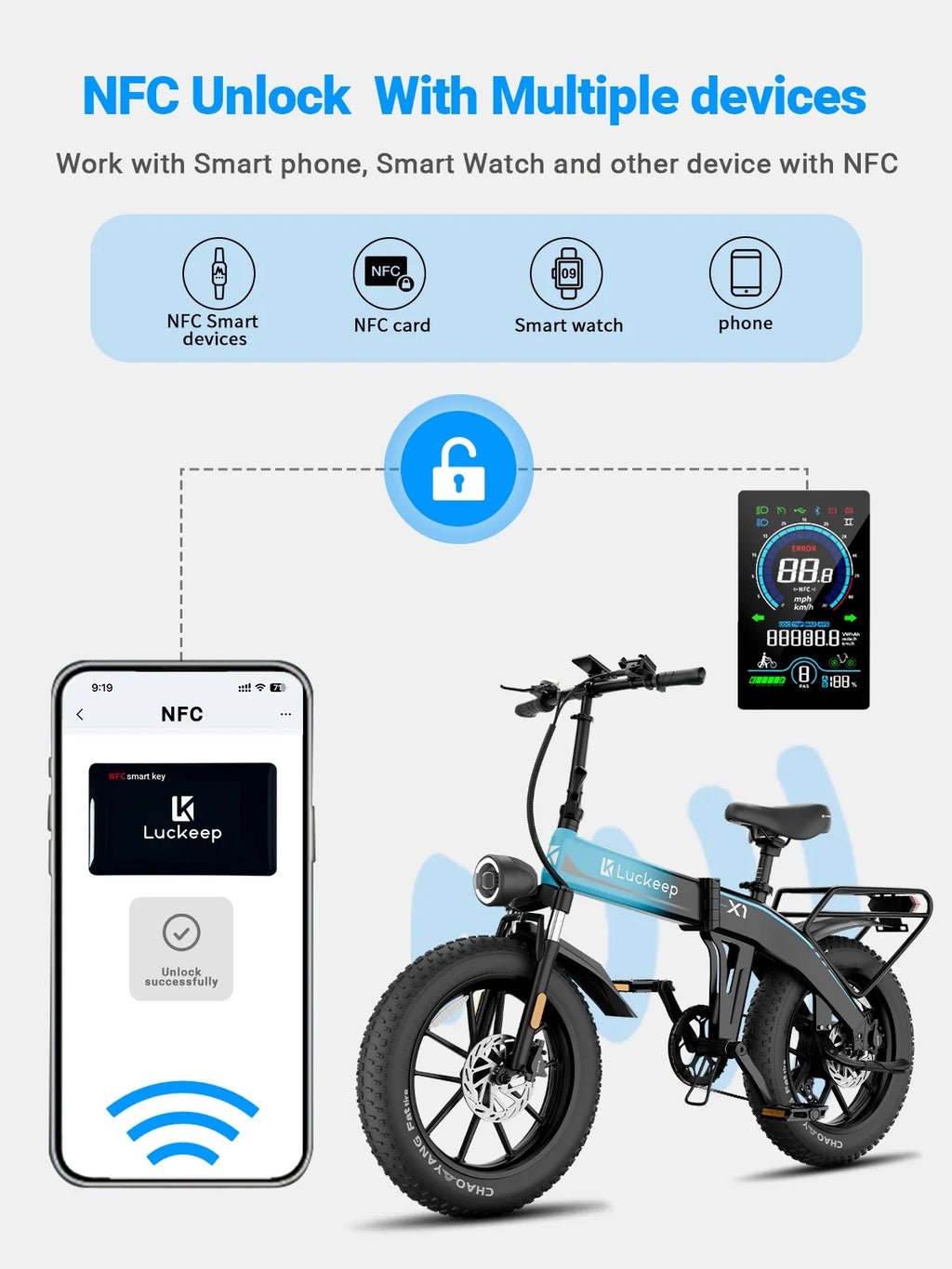 Luckeep X1 Lite Foldable Electric Bike for Adults 1500W Peak Motor,720WH Removable Battery,28MPH 60 Miles Long Range,20"*4" Fat Tire All-Terrain E-bike with Front Suspension,Mountain Electric Bicycle