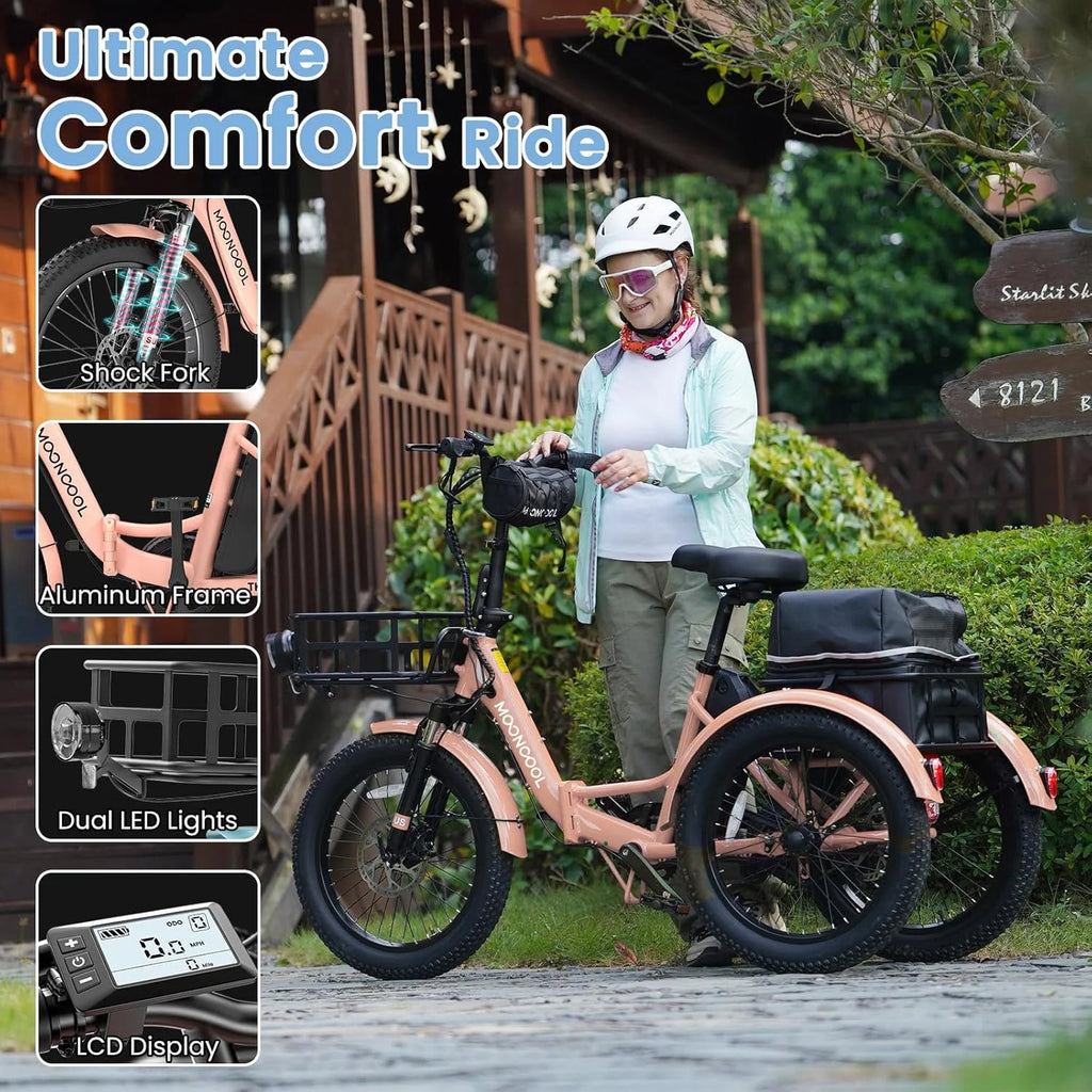 MOONCOOL TK1 Folding Electric Tricycle for Adults,48V 14.5Ah Removable battery, 500W��Peak 1000w��Motor, 20" Fat Tire Step-Thru 3Wheel Electric Bicycle w/Front&Rear Baskets, Certified to UL 2849 by SGS