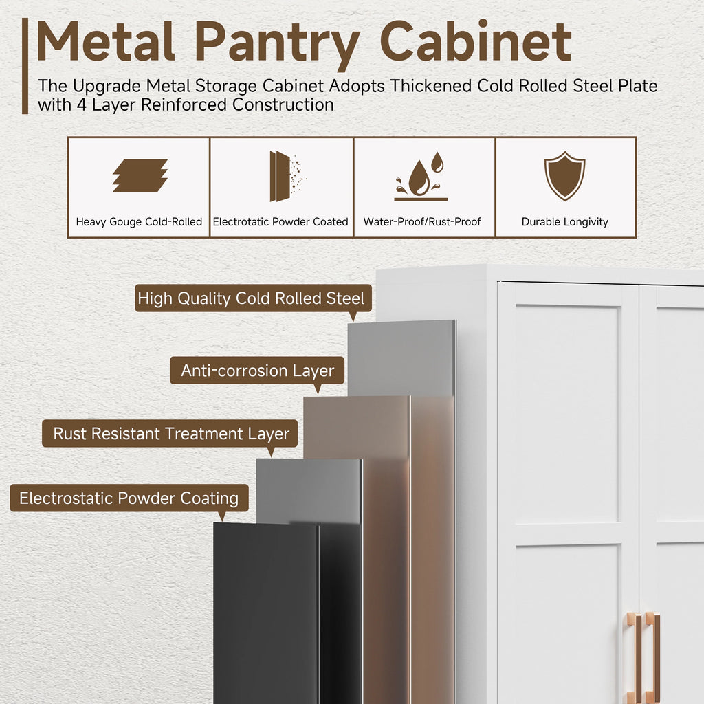 Metal Pantry Cabinet, 61''  White Kitchen Pantry Storage Cabinet with Doors and Adjustable Shelves, Utility Room, Homes, Offices, Garage-, Assembly Required