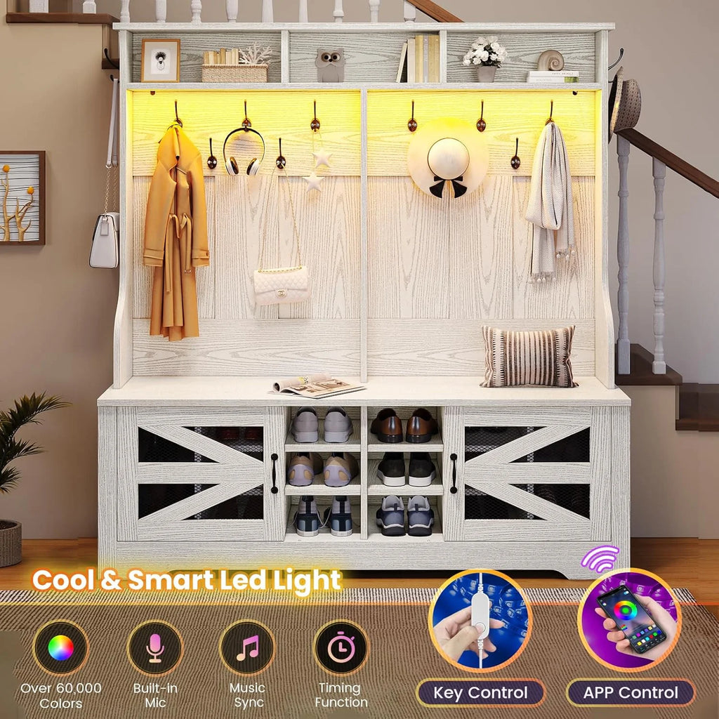 Hall Tree with Coat Rack and 16 Shoe Cubbies, 5-in-1 Entryway Bench with Bench and Shoe Storage, Barn Door & Adjustable Shelf, Embossed White