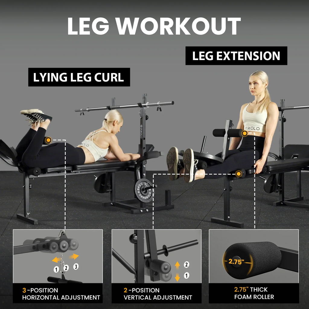 Mikolo Adjustable Weight Bench 800lbs 6 in 1 with Lat Pull Down, Leg Extension and Leg Curl, Chest Fly and Preacher Curl Workout Bench Multi-Function Strength Training Bench Press Exercise Equipment