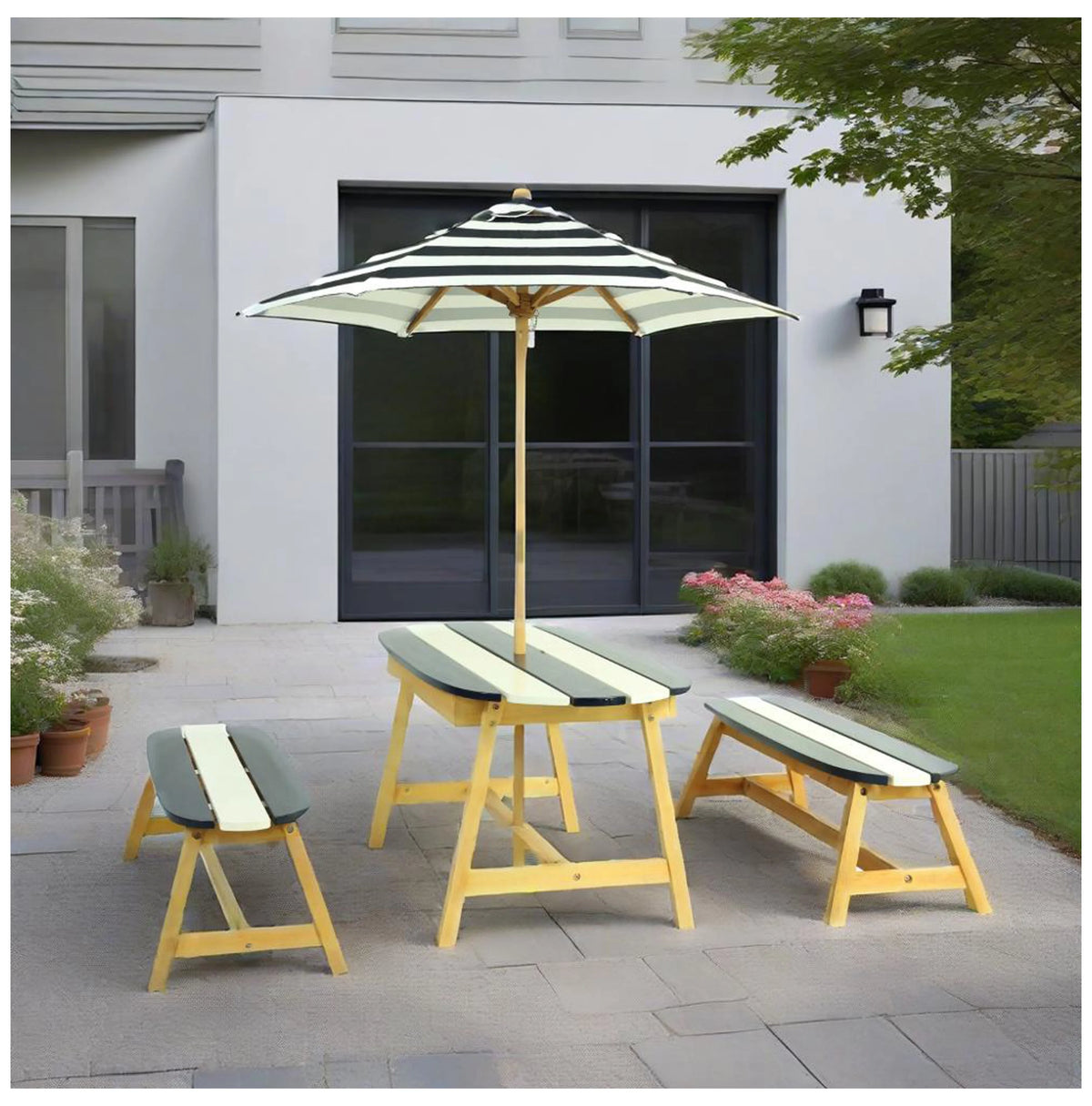 Kids Picnic Table with Umbrella - Dark Blue, Indoor/Outdoor Wooden Table and Bench Set for 4 Children, Play Table for Toddlers, Garden Furniture