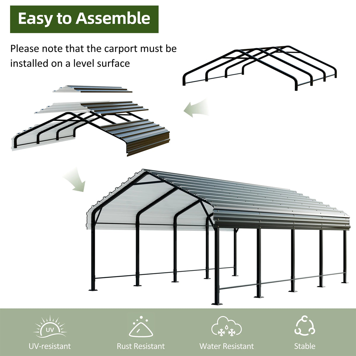 Walsunny 12X15 ft Carport Heavy Duty Carport Canopy with Galvanized Steel Roof and Frame Metal Carport Upgraded Extra Large Garage
