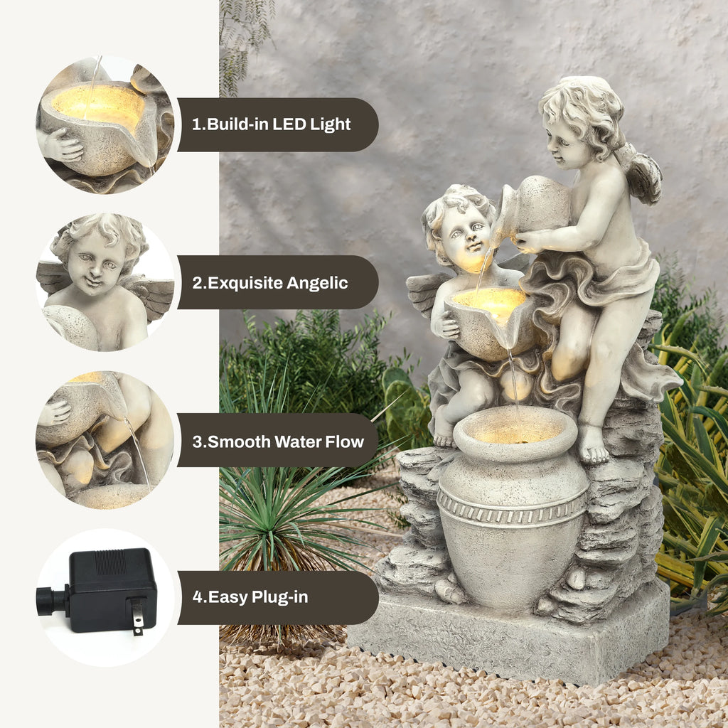 LuxenHome 30" Resin Angels Water Fountain Outdoor and Indoor, Waterfall Fountains for Garden, Backyard