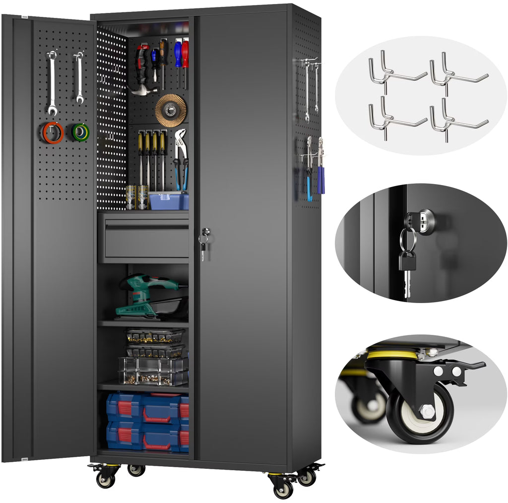 SUPEER 71" Metal Storage Cabinets with Wheels and Pegboards, Industrial Cabinet with 2 Drawers and 2 Adjustable Shelves,, Assembly Required