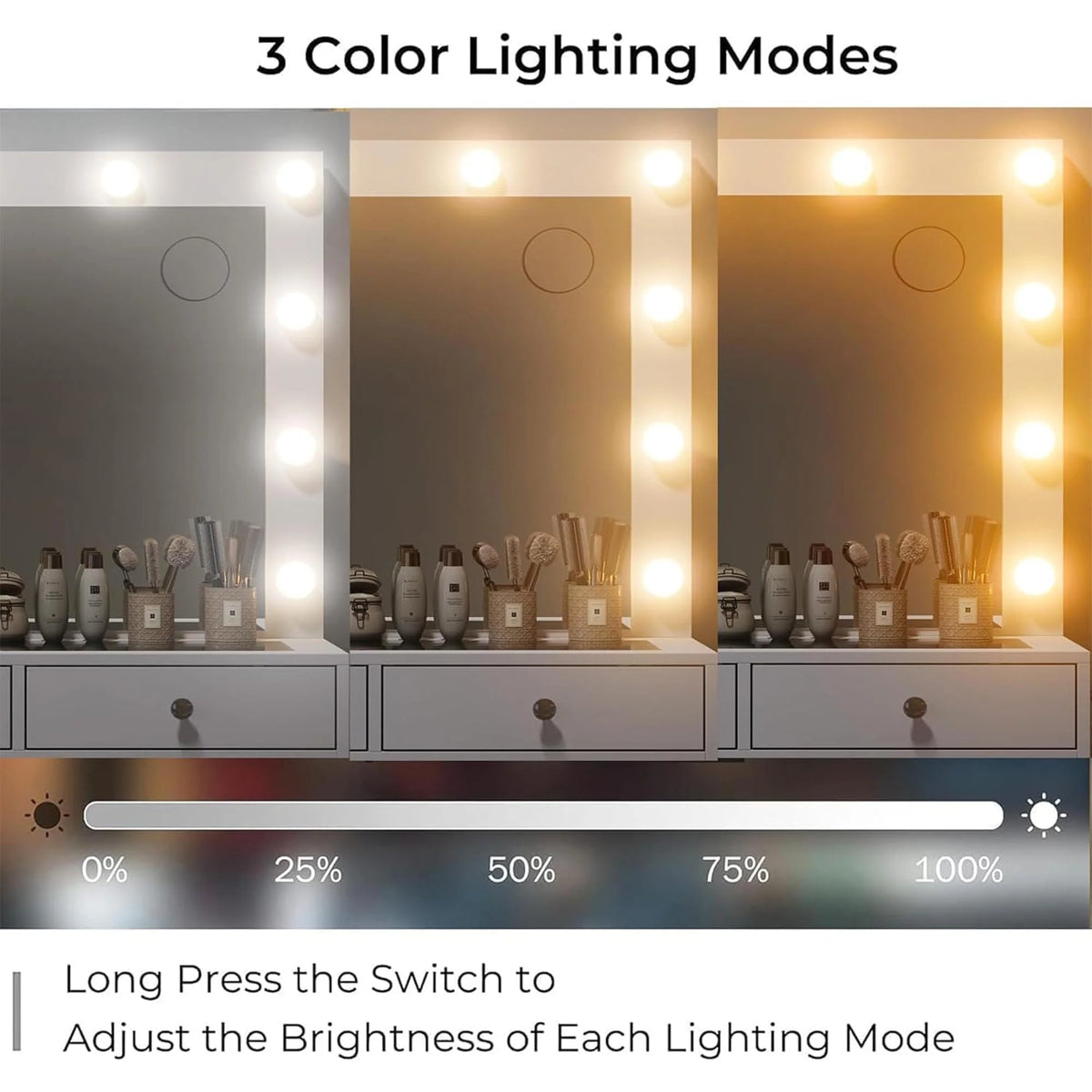 White Vanity Desk with Illuminated Mirror & Power Outlet, 11 Drawers Vanity Table with Chair, Makeup Vanity with 12 LED Lights, Tempered Glass Top, Dressing Table for Bedroom,Dressing Room