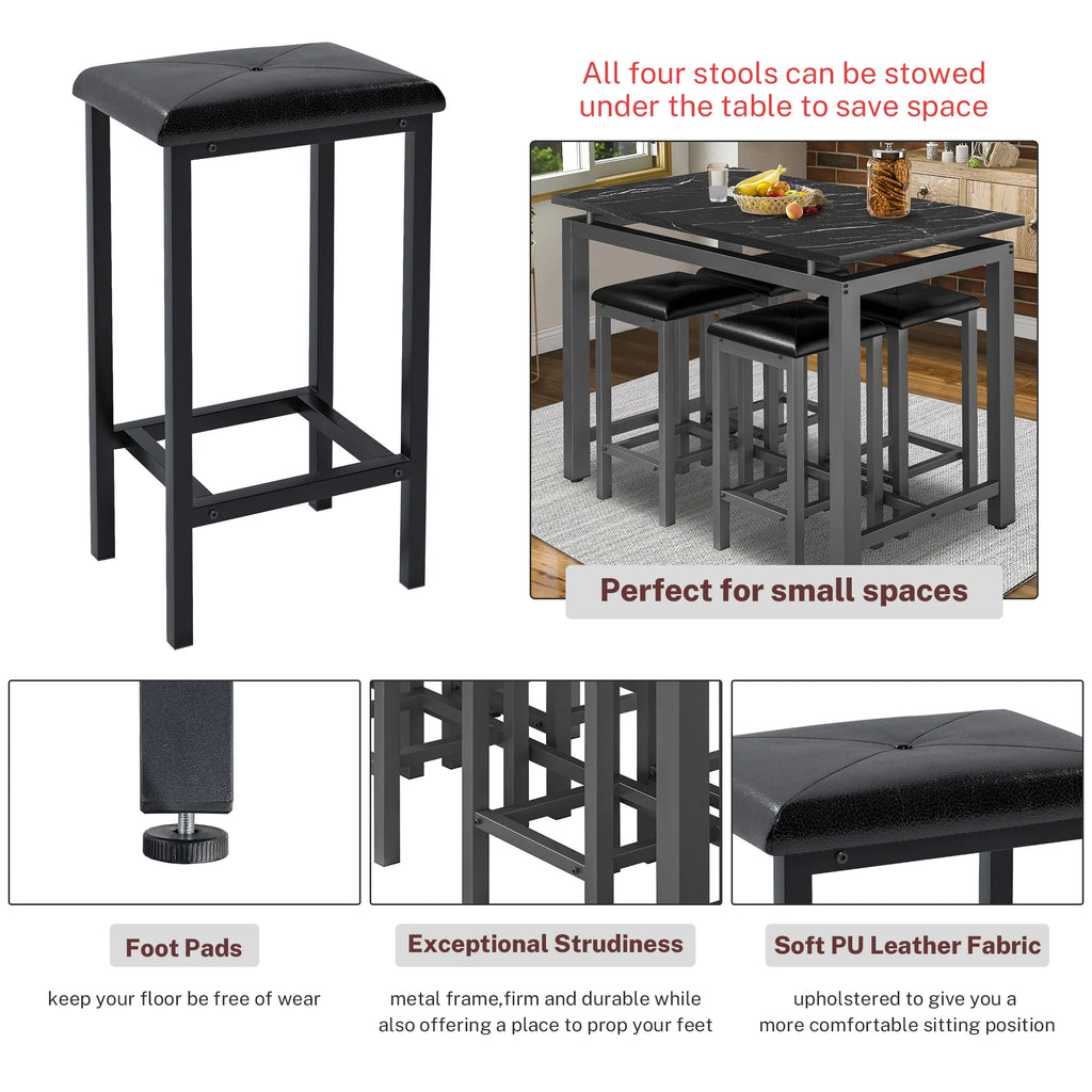 5 Piece Dining Set, Modern Dining Table and Chairs Set for 4, Counter Height Bar Table Set, Modern Pub Table with 4 Velvet Fabric Cushioned Stools, Faux Marble Dining Table & Stools Set, D9297