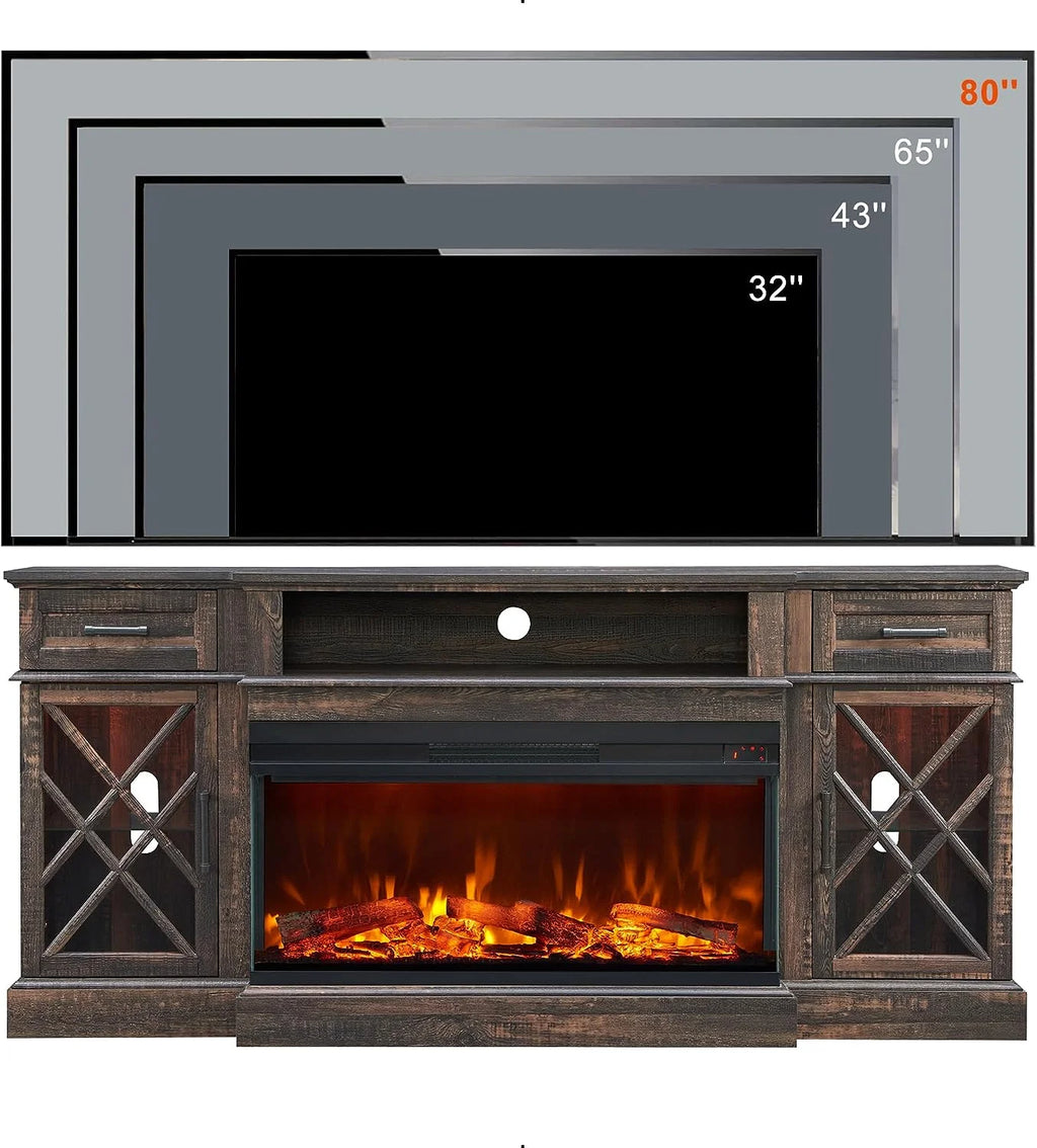 OKD Farmhouse 3-Sided Fireplace TV Stand for 80" TVs, 70" Entertainment Center with Electric Fireplace and Storage Drawers, Antique White