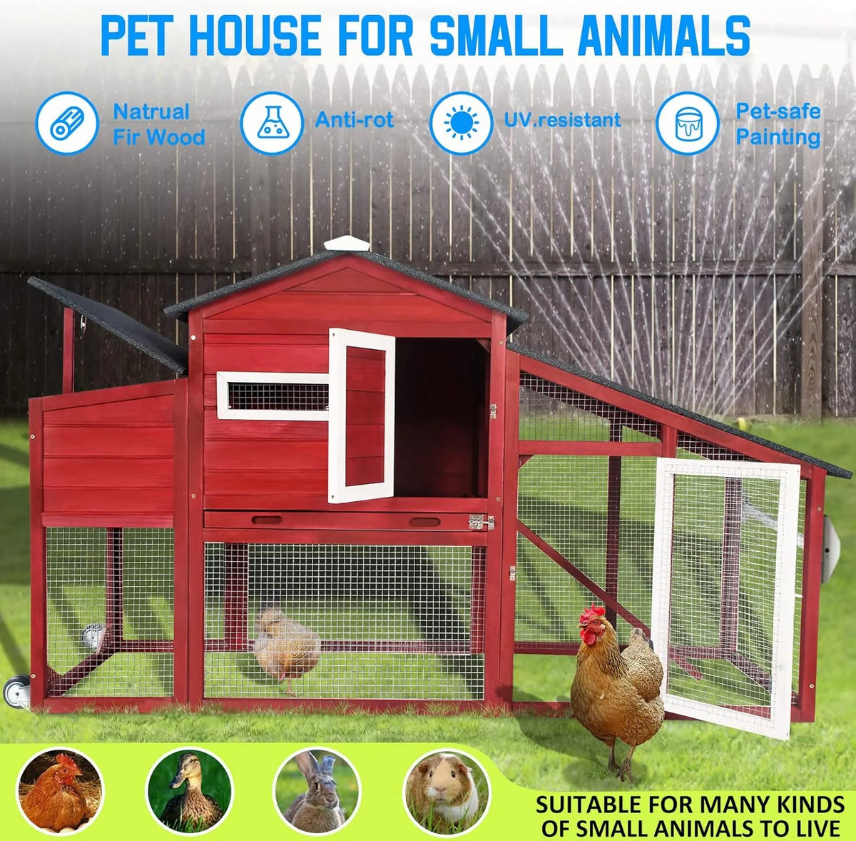 PETSCOSSET Chicken Coop with Run Large Wooden Chicken Tractor with Wheels Waterproof Outdoor Hen House Poultry Cage, Gray