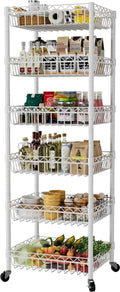6 Tier Wire Shelving Unit with Wheels Baskets Storage Rack Corner Shelves Adjustable Shelf Closet Bathroom Organizers Metal Pantry Kitchen Garage Laundry Room 13.5" D x 13.5" W x 63" H White