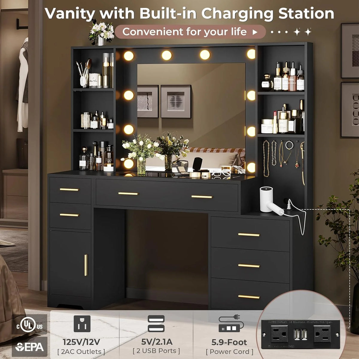 Aunfebrco White Vanity Desk Makeup Vanity Table with Mirror and Lights and Charging Station, Large Dressing Table with Storage Cabinet&6 Drawers&4 Storage Shelves for Bedroom