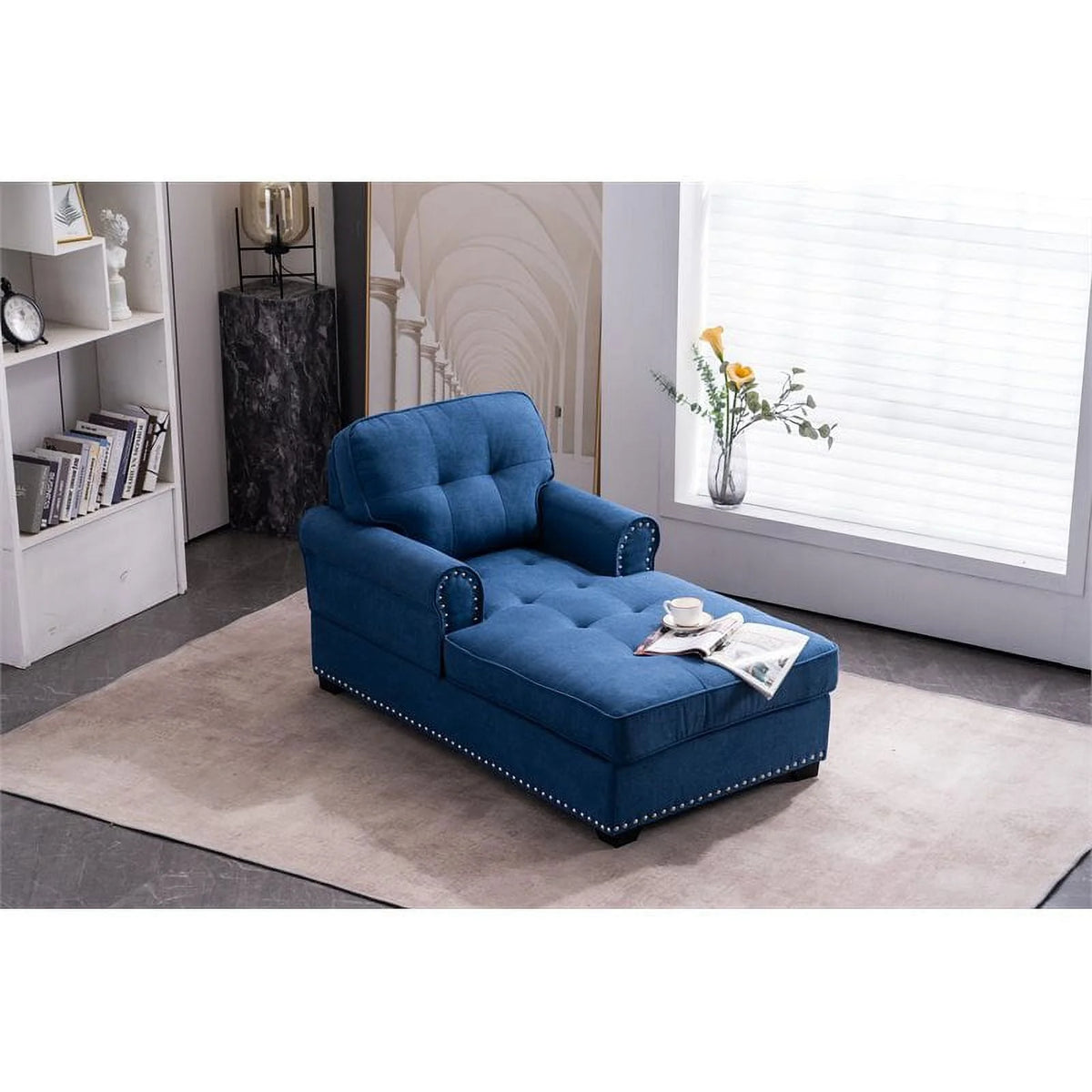 Alexent Calma Modern Linen Fabric Indoor Chaise Lounge in Blue
