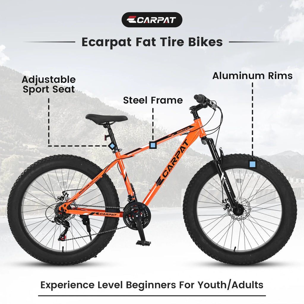 26-Inch Fat Tire Bike for Adults/Teens, Shimano 21-Speed Mountain Trail Bike with Dual Disc Brakes-Black