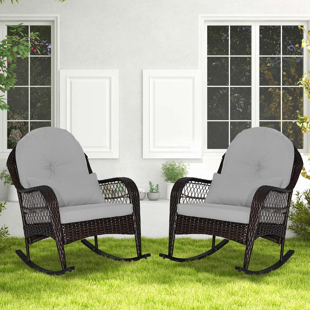 Costway Patio Wicker Rocking Chair W/Seat Back Cushions & Lumbar Pillow Porch Off White