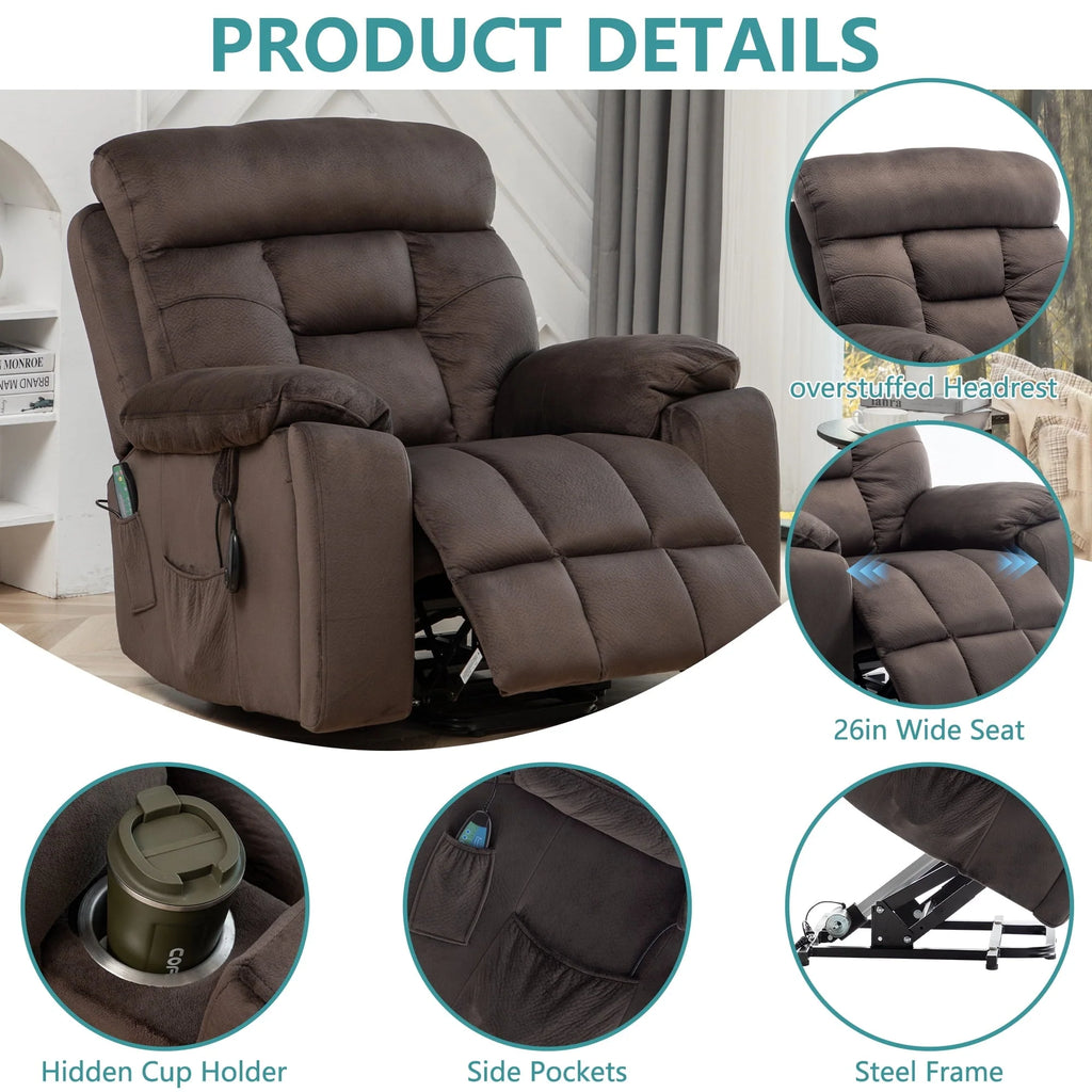 uhomepro Oversized Massage Recliner Chair with Heat, Large Electric Power Lift Recliner Chair for Big and Tall and Elderly with Hidden Cup Holder, 5 Vibration Modes, 330lb, Dark Brown