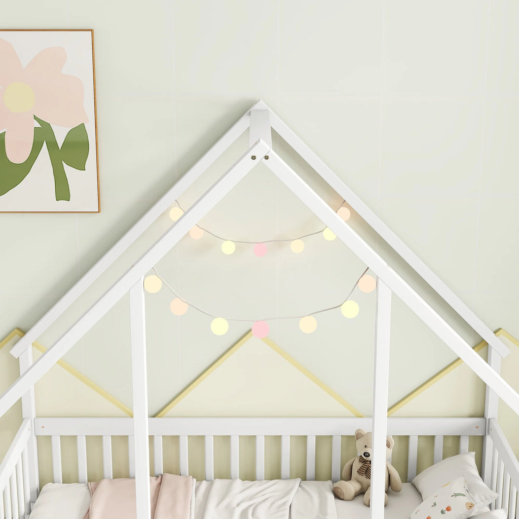 Bellemave Twin Size Floor Bed Frame, Wooden House Bed Twin Size with Fence, Montessori Bed with Guardrails for Bedroom (White)