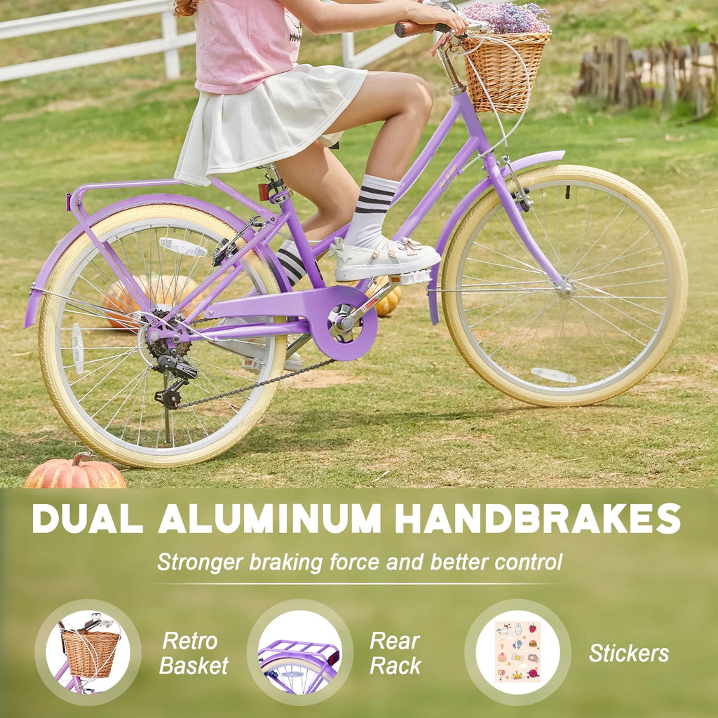 Glerc Missy 24" Girls Cruiser Bike 6-Speed Women's Hybird Bicycle for Ages 7-11 Years, Mint Green