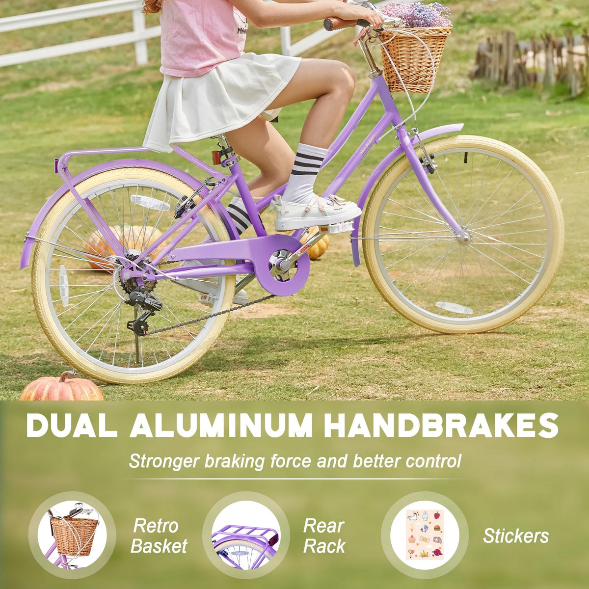 Glerc Missy 24" Girls Cruiser Bike 6-Speed Women's Hybird Bicycle for Ages 7-11 Years, Mint Green