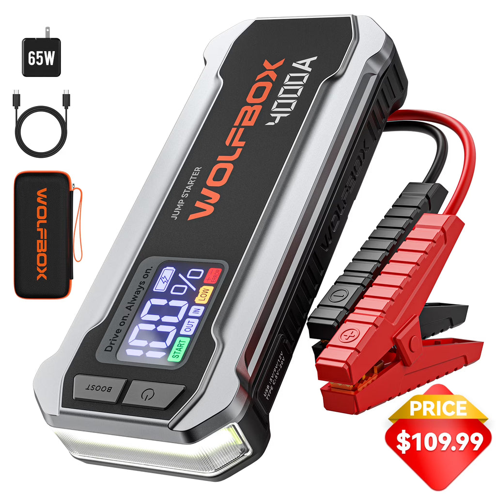 WolfBox 4000A Car Battery Jump Starter, Portable Jump Starter Battery Pack, Battery Booster, Jump Box, Fast Charger and Jumper Cables for 10L Gasoline and 10L Diesel Engines