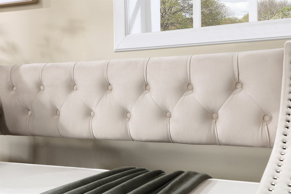 Daybed with Trundle, Twin Size Velvet Upholstered Daybed Frame with Tufted Button Back & Copper Nail on Arms, Wood Sofa Bed Frame for Living Room Bedroom, No Box Spring Needed, Grey