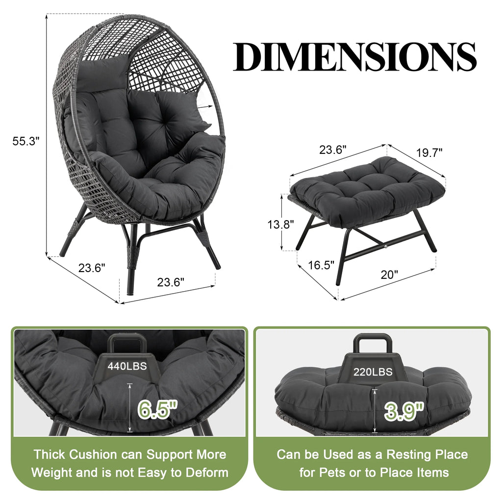 RADIATA 440 lbs Outdoor Egg Chair with Foot Rest & Ottoman, Wicker Patio Egg Chair for Indoor or Garden,Beige