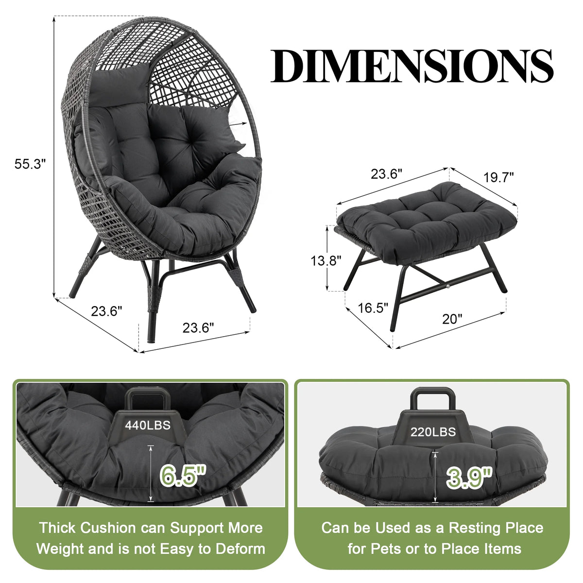 RADIATA 440 lbs Outdoor Egg Chair with Foot Rest & Ottoman, Wicker Patio Egg Chair for Indoor or Garden,Beige