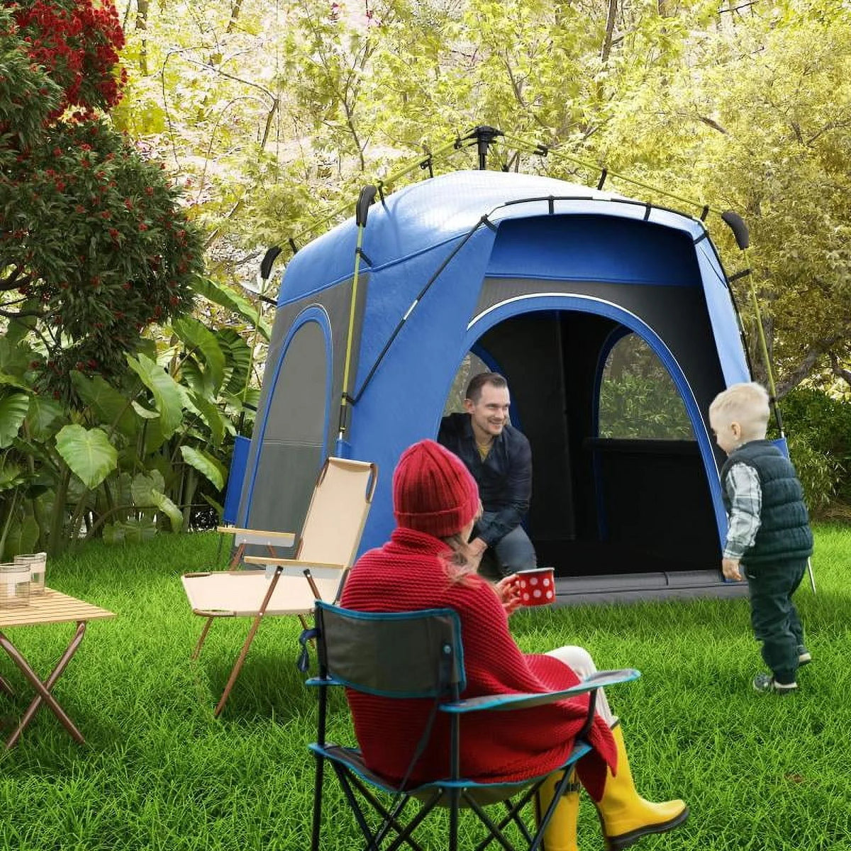 Outsunny Camping Tents 4 Person Pop Up Tent Quick Setup Automatic Hydraulic Family Travel Tent w/ Windows, Doors Carry Bag Included, Blue