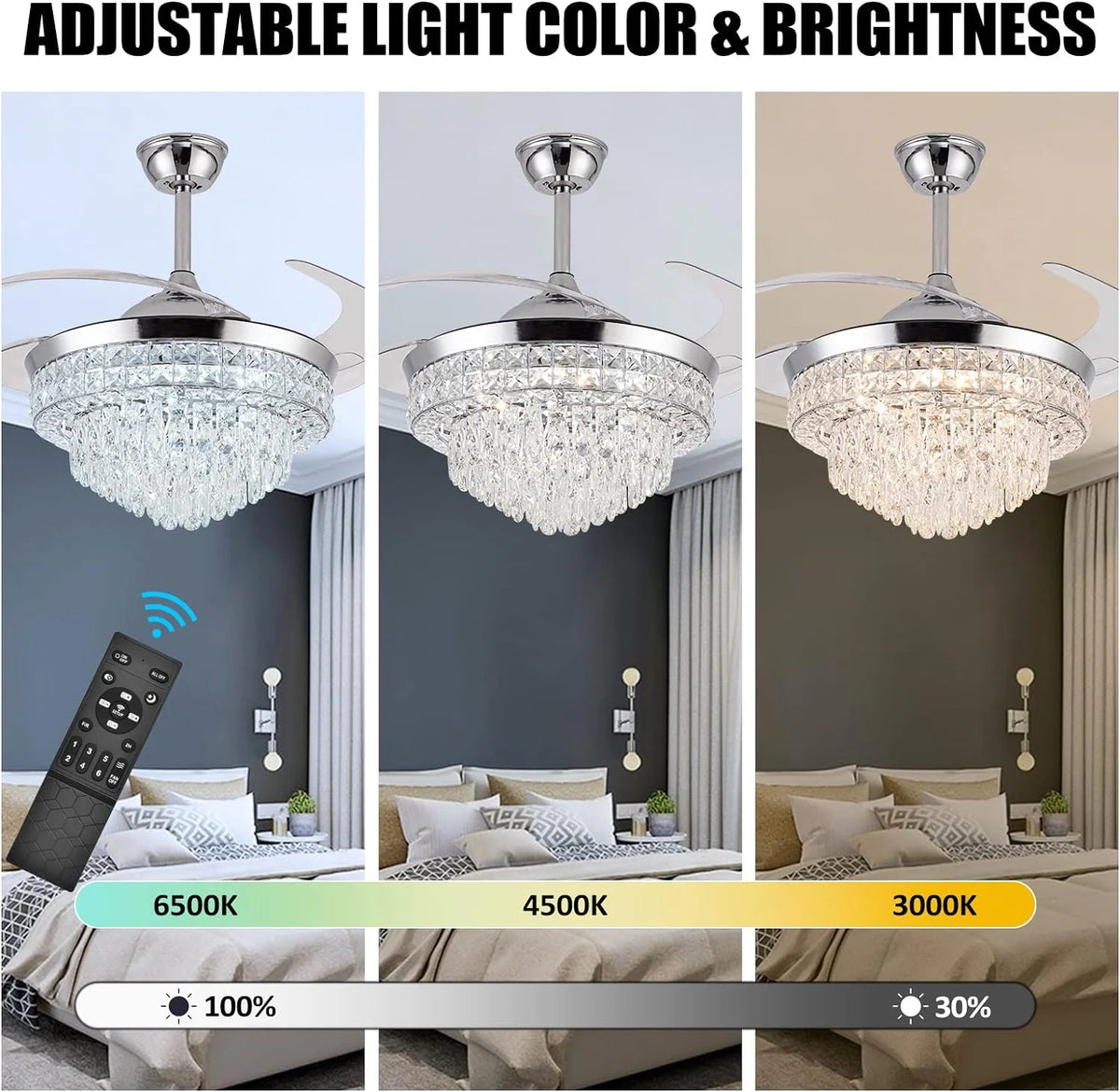 Datingday 42 Inch Crystal Ceiling Fan Golden Crystal Ceiling Fan Chandelier with Remote 6 Speeds 3 Colors Changes Lighting Fixture, 4 Blades Retractable Fans for Bedroom Living Room Dining Room